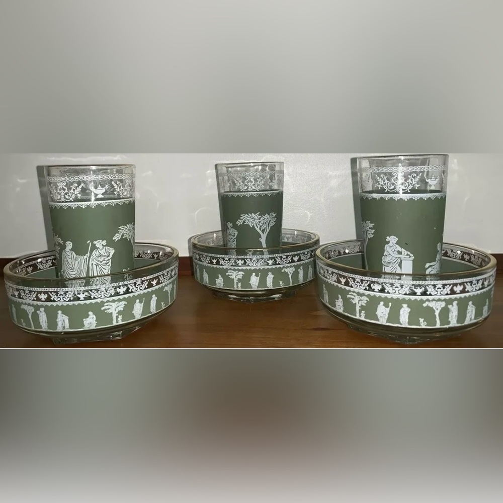 Jeannette Glass‎ Hellenic Wedgwood Green Jasperware 3 Berry Bowls/juice Glasses